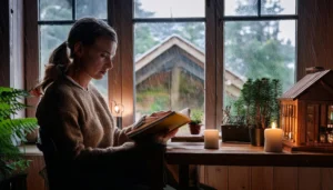 Mujer leyendo un libro junto a su ventana al atardecer