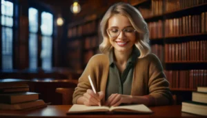 Una escritora feliz escribiendo