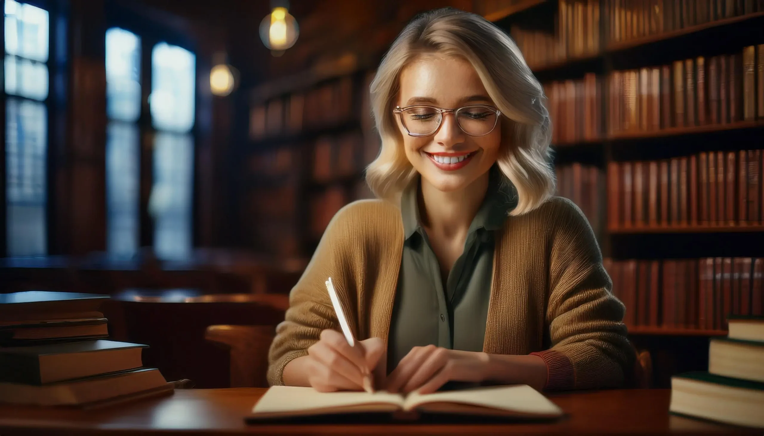 Una escritora feliz escribiendo