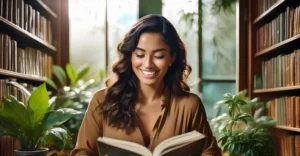 Chica feliz leyendo en una biblioteca
