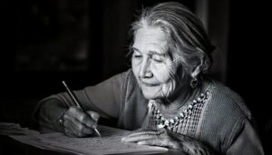 Señora mayor escribiendo una novela
