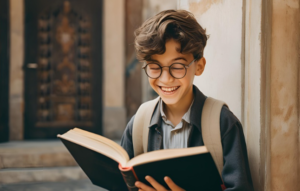 Un niño feliz leyendo un libro