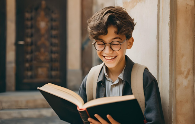 Un niño feliz leyendo un libro