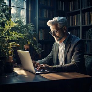 Escritor con su portátil en un escritorio de madera