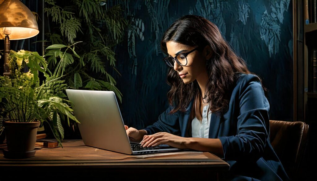 Autora sentada en un escritorio escribiendo su novela