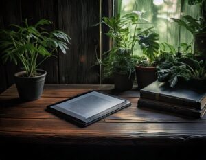 Un ebook sobre un escritorio con plantas